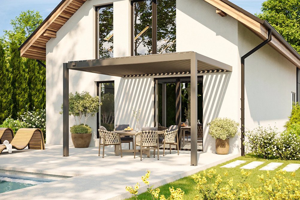 Bioklimatická pergola u dvoupatrového rodinného domu