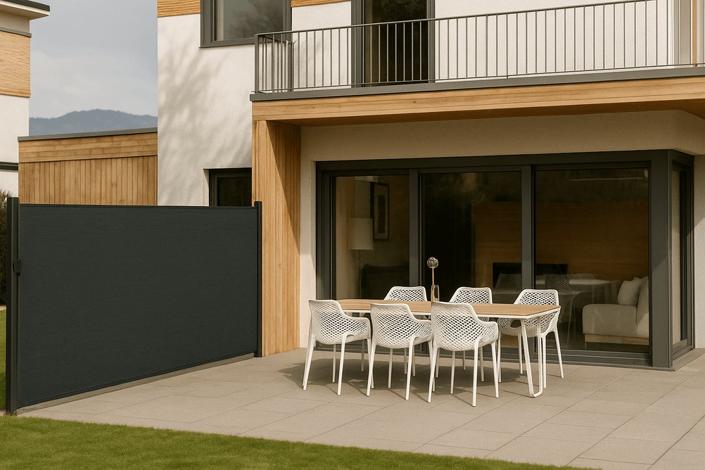 Boční větrná clona u posezení na zahradě