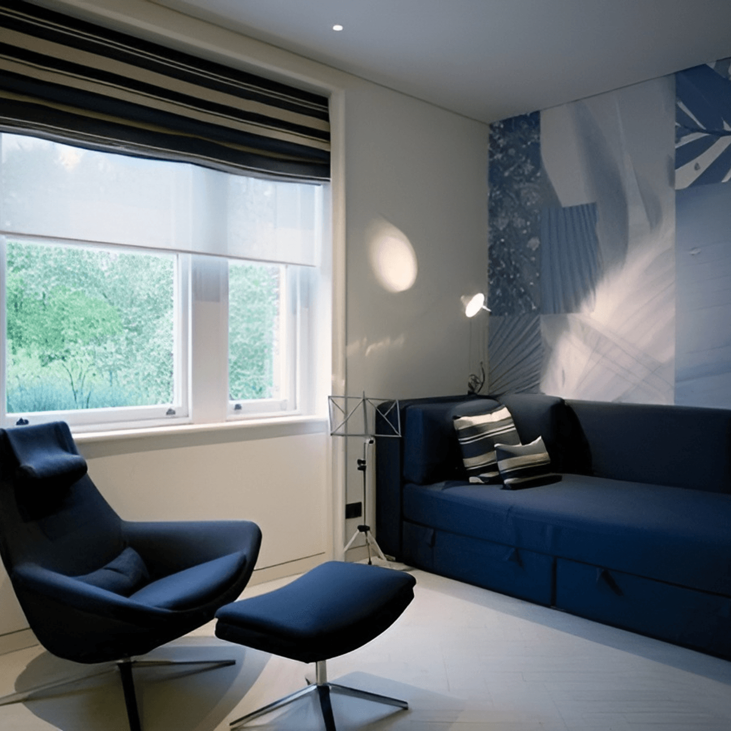 Modré látkové rolety v kuchyni