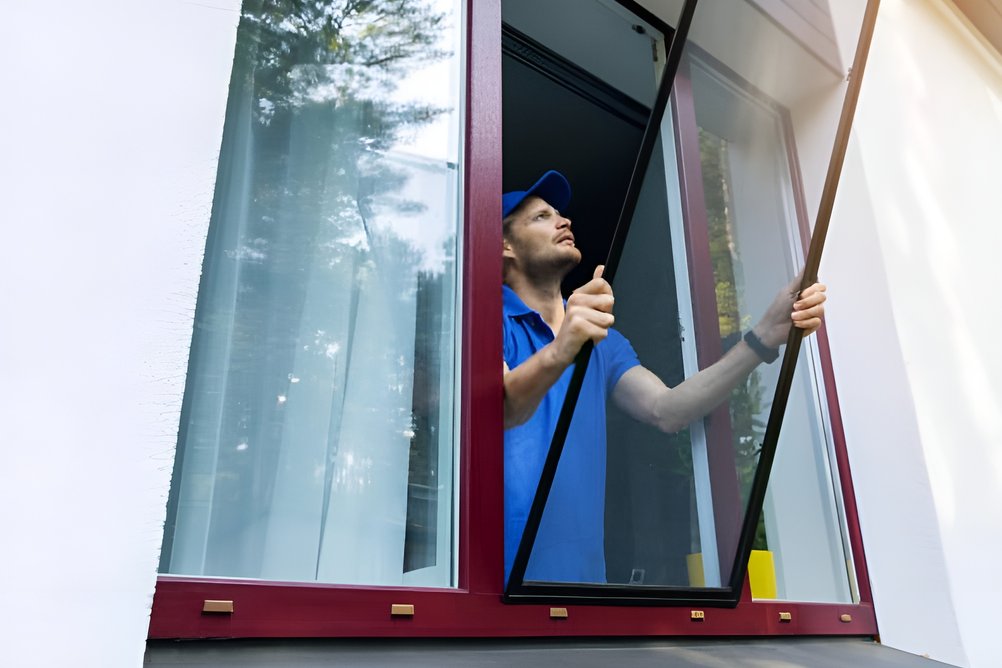 Technik instalující síť proti hmyzu do okna