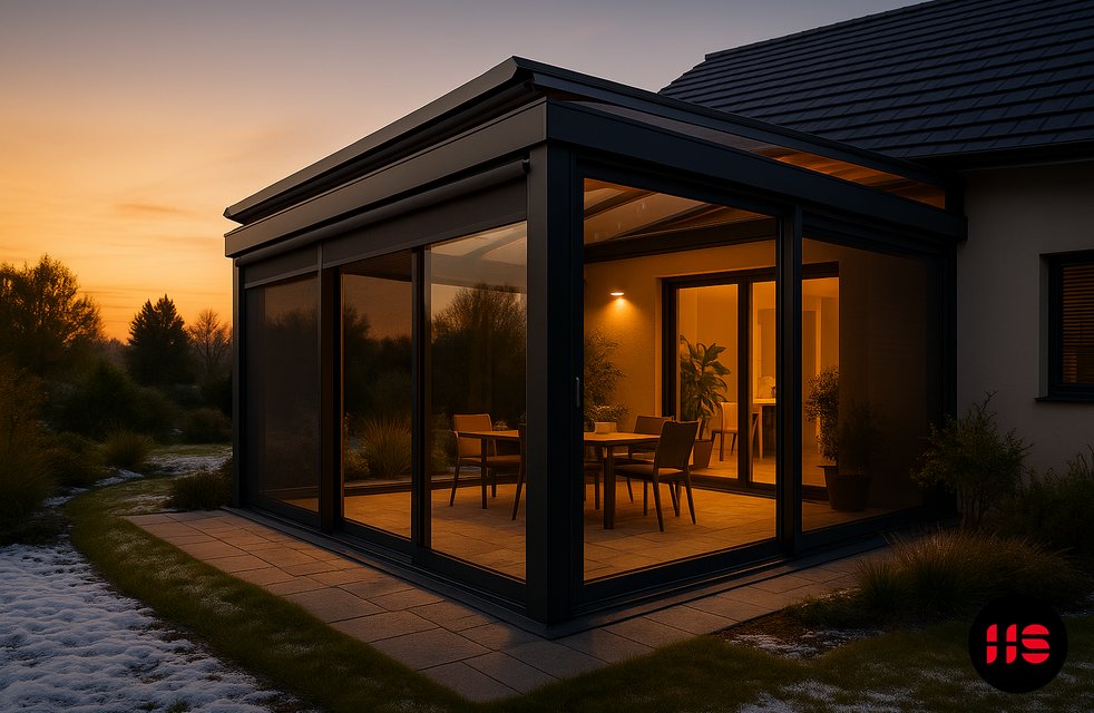 „Zateplená zimní zahrada s hliníkovou konstrukcí, trojskly a střešní markýzou u moderního domu | Hezký stín.“