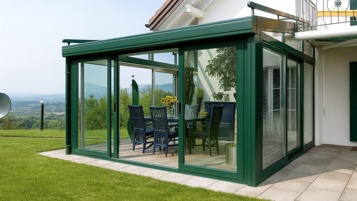 Moderní zimní zahrada v zelené hliníkové konstrukci se skleněnou střechou a posuvnými stěnami navazuje na obývací část rodinného domu. Vytváří chráněný prostor pro celoroční stolování s výhledem do zahrady a okolní krajiny.