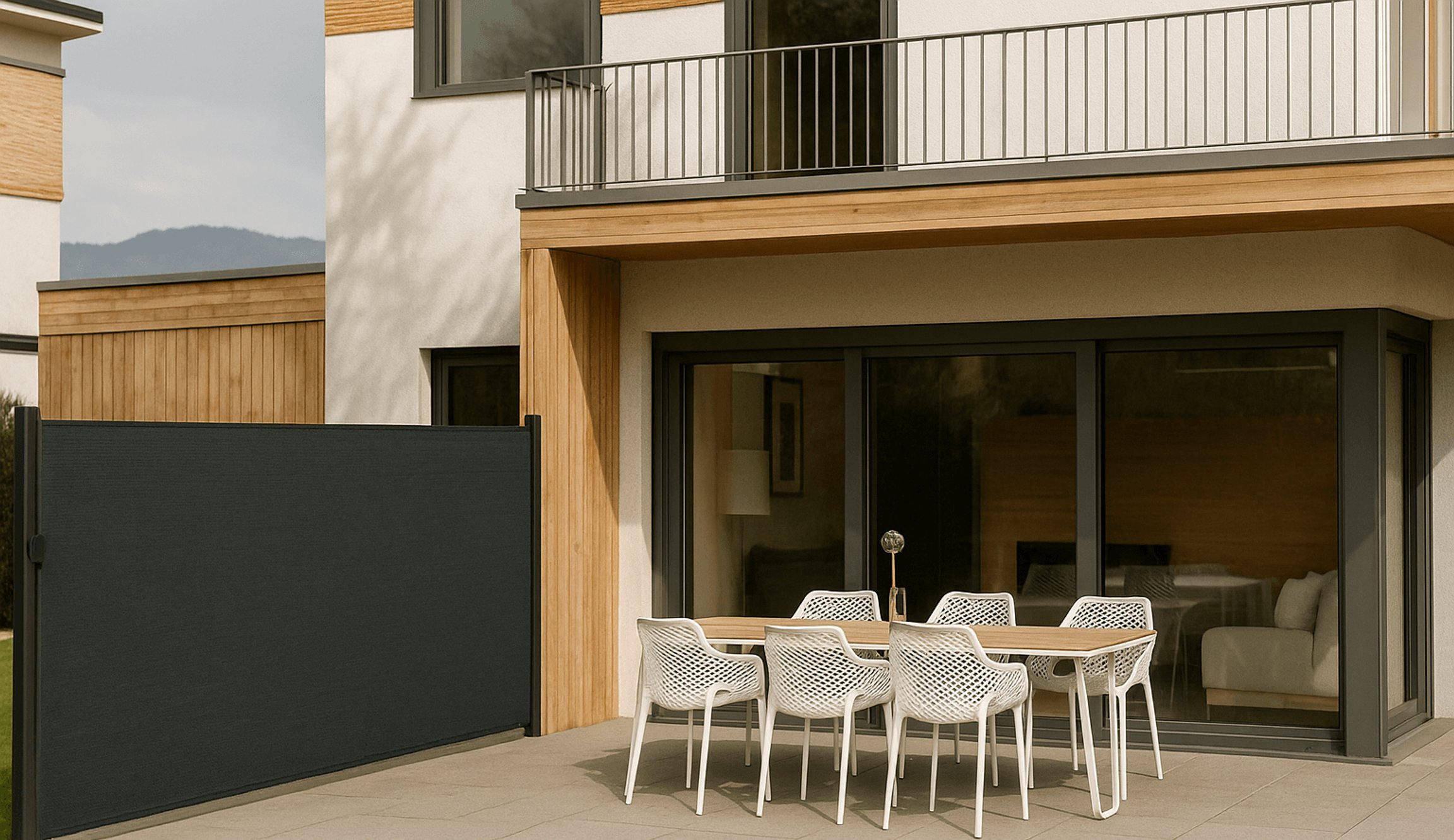 Boční větrná clona u posezení na zahradě