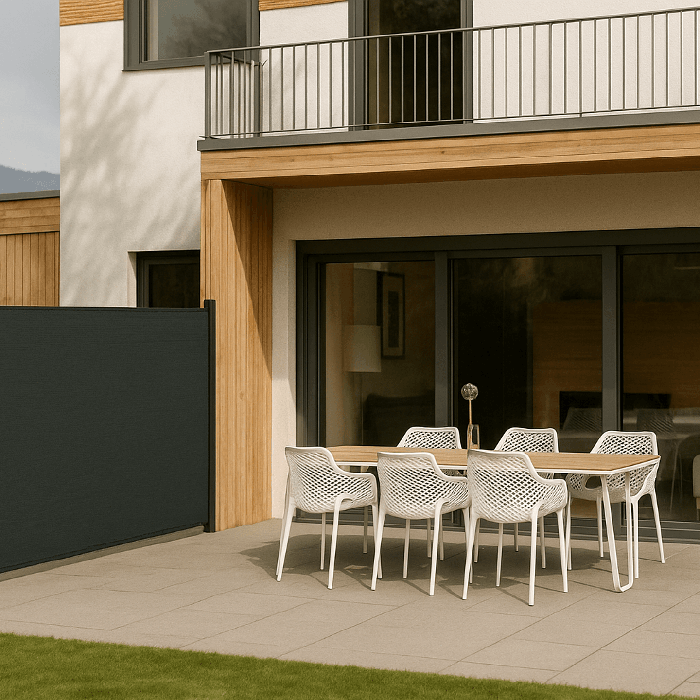 Boční větrná clona u posezení na zahradě