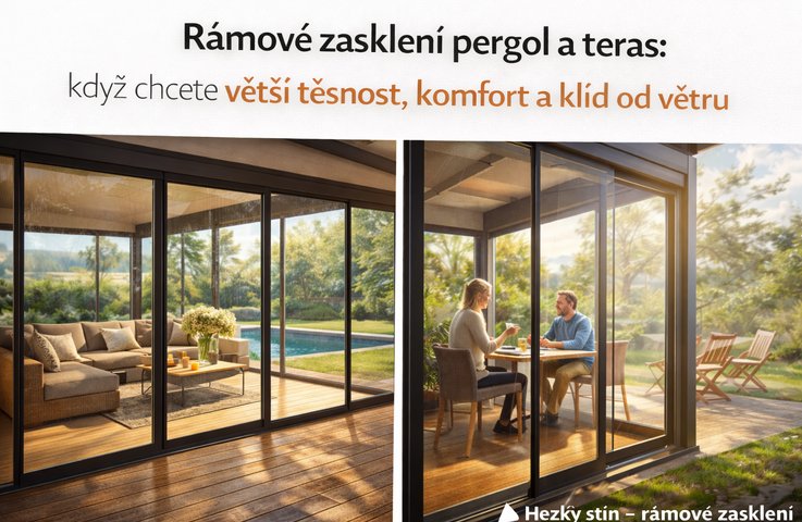 Rámové zasklení pergoly a terasy – světlý obývací kout u bazénu a pár u snídaňového stolu si užívají klid a komfort v prosklené pergole chráněné před větrem.