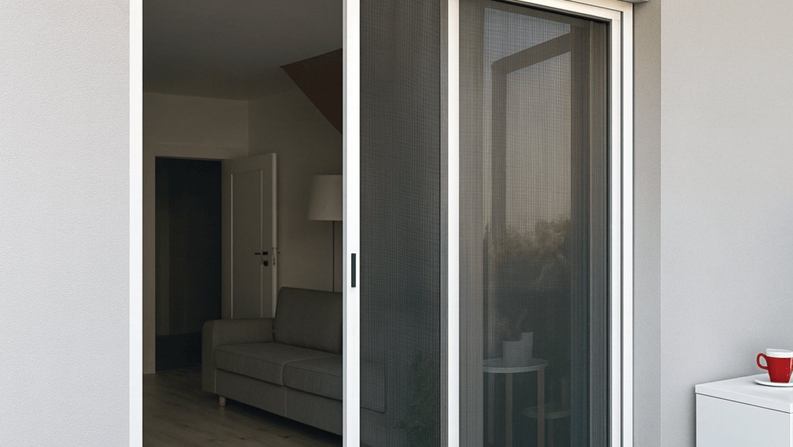 Moderní posuvná síť proti hmyzu v bílém hliníkovém rámu chrání terasové dveře do obývacího pokoje a umožňuje pohodlné větrání bez komárů a much