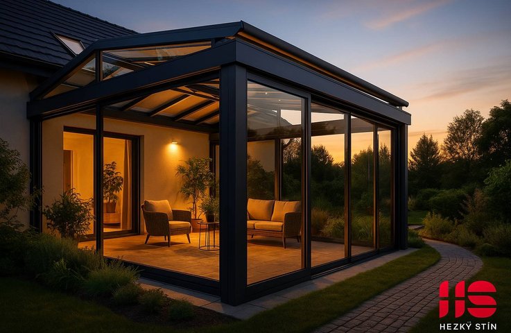 Zimní zahrada na míru: hliníková konstrukce, posuvné zasklení a střešní markýza pro celoroční komfort. Elegantní propojení interiéru se zahradou.