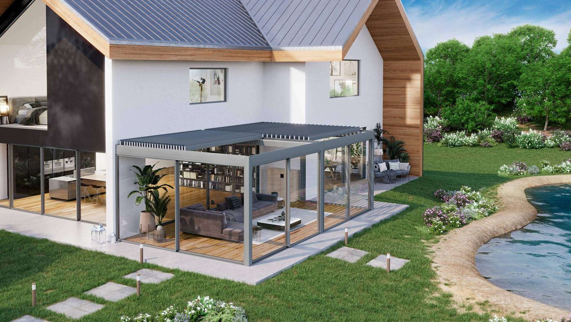 Bioklimatická hliníková pergola s naklápěcími lamelami a posuvným zasklením – moderní pergola na terasu u rodinného domu, celoroční využití zahrady, ochrana před sluncem i deštěm.Bioklimatická hliníková pergola s naklápěcími lamelami a posuvným zasklením – moderní pergola na terasu u rodinného domu, celoroční využití zahrady, ochrana před sluncem i deštěm.