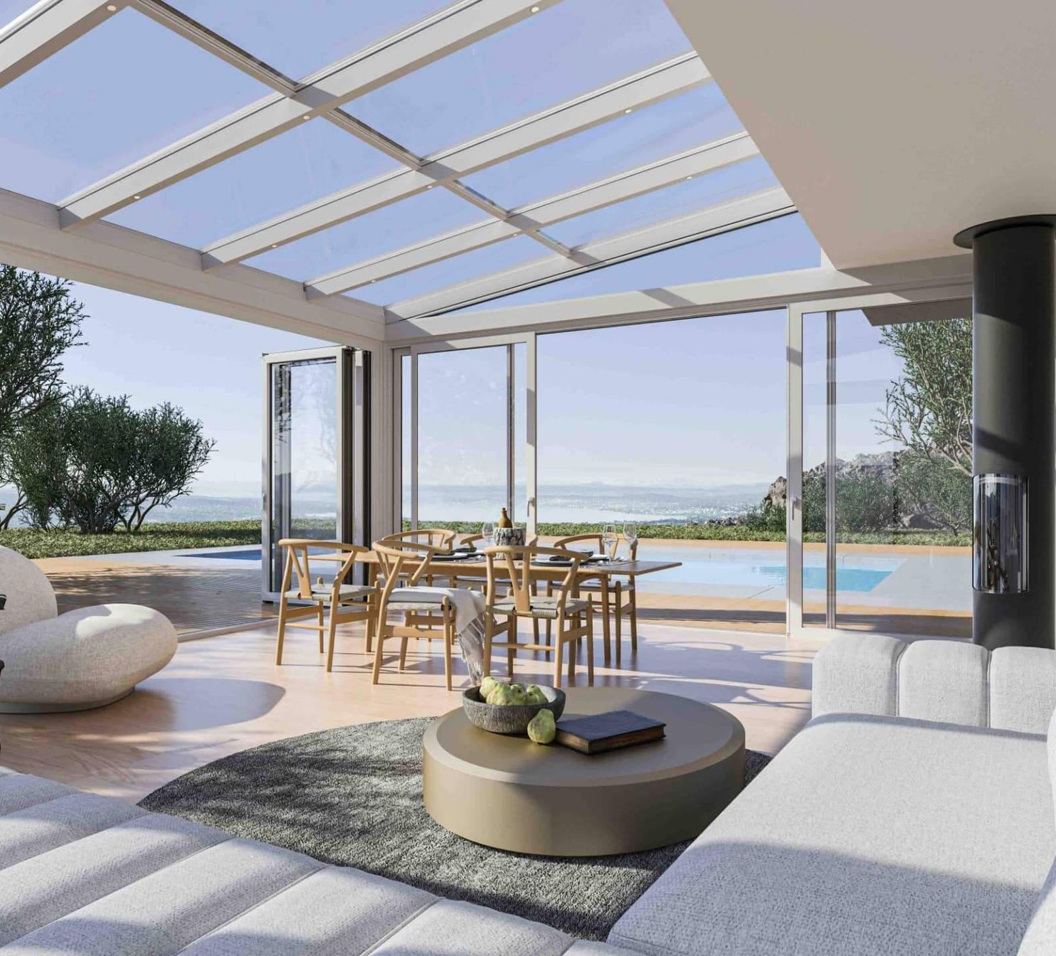 Posezení u bazenu se sklěneným střešním zasklením