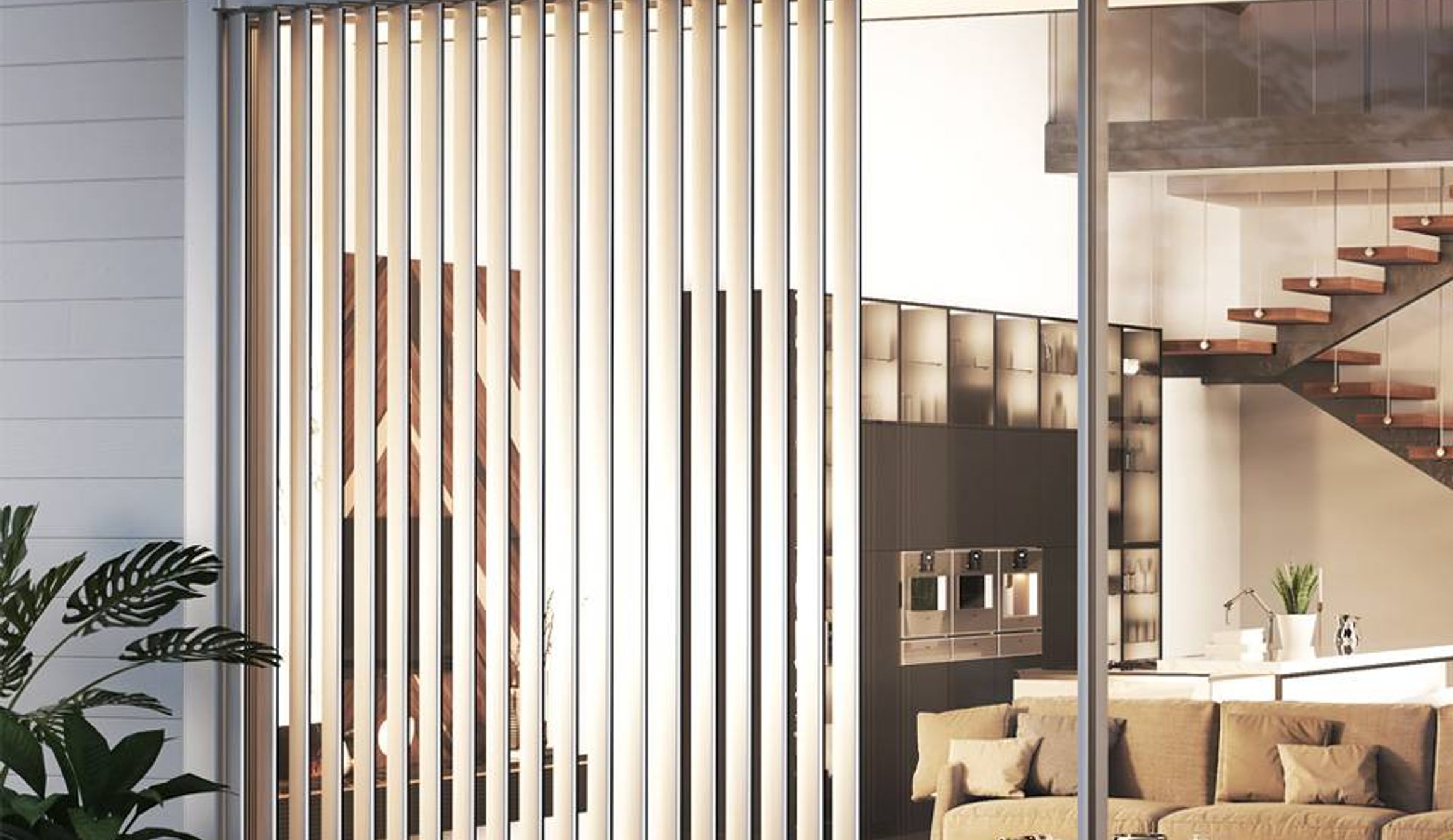 Vertikální slunolamy u moderního domu