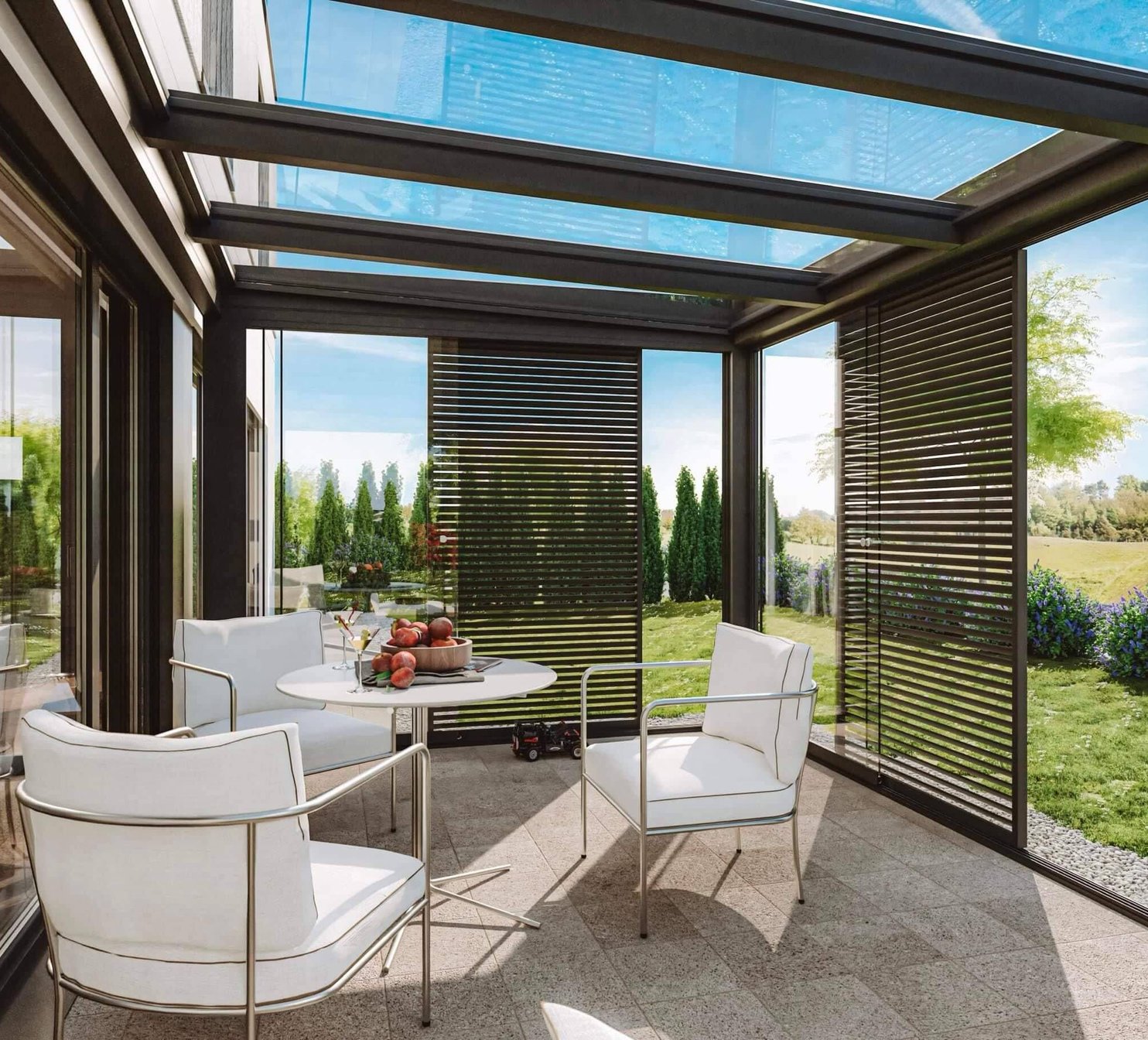 Pergola s bezrámovým zasklením