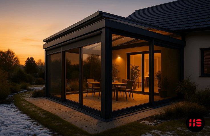 „Zateplená zimní zahrada s hliníkovou konstrukcí, trojskly a střešní markýzou u moderního domu | Hezký stín.“